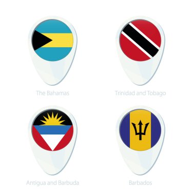 Bahamalar, Trinidad ve Tobago, Antigua ve Barbuda, Barbados bayrağı konumu harita PIN simgesi. 
