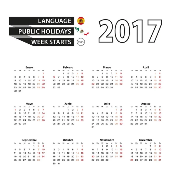 Calendario 2017 en español. Con días festivos para México — Vector de stock