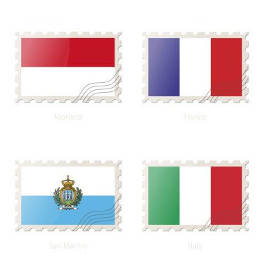Fransa, Monako, San Marino, İtalya bayrağı görüntü ile posta pulu. 