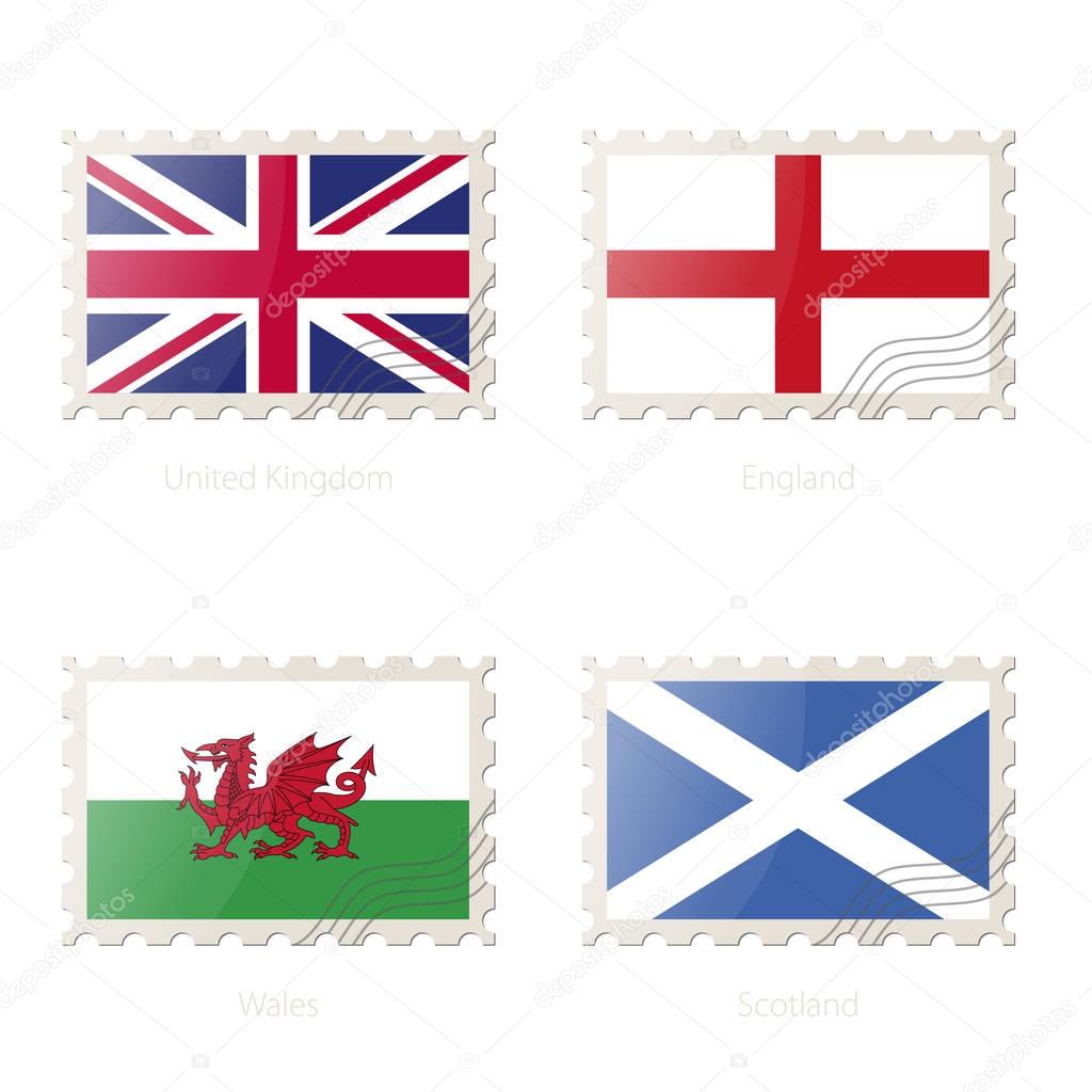 Postage stamp with the image of United Kingdom, England, Wales, Scotland flag. 