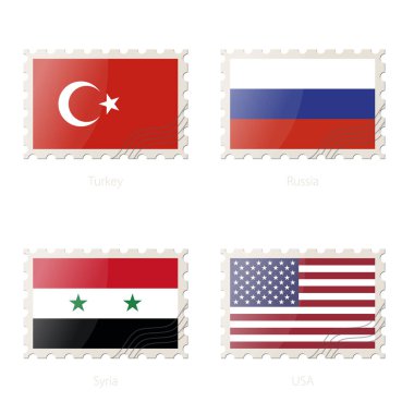 Türkiye, Rusya, Suriye, ABD bayrağı görüntü ile posta pulu.