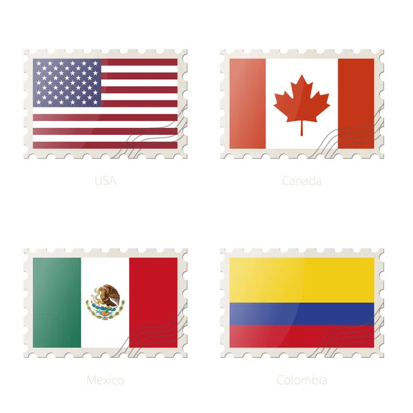 Postzegel met de afbeelding van de VS, Canada, Mexico, Colombia vlag. — Stockvector