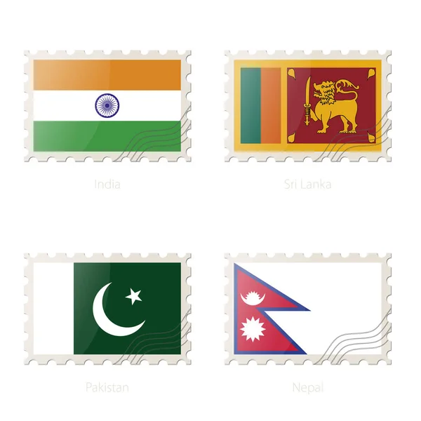 Briefmarke mit dem Bild Indiens, Sri Lankas, Pakistans, Nepals Flagge. — Stockvektor