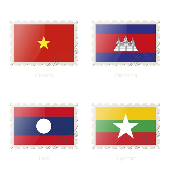 Sello postal con la imagen de Vietnam, Camboya, Laos, Myanmar flag . — Vector de stock