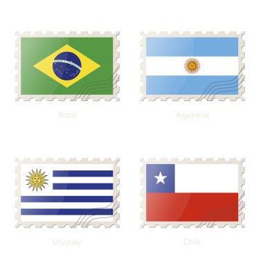 Brezilya, Arjantin, Uruguay, Şili bayrağı görüntü ile posta pulu.