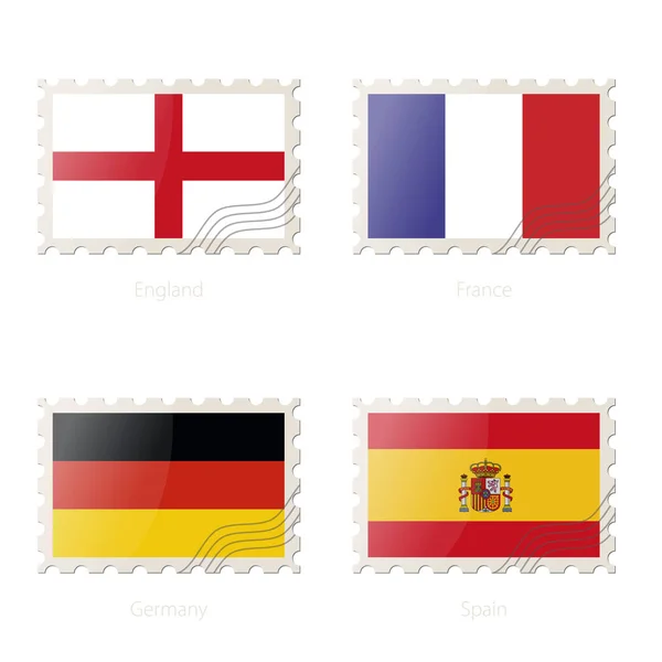 영국, 프랑스, 독일, 스페인 깃발의 이미지와 우표. — 스톡 벡터