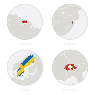 Surinam, Svaziland, İsveç, İsviçre bir daire içinde kontur ve ulusal bayrak harita.
