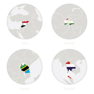 Suriye, Tacikistan, Tanzanya, Tayland bir daire içinde kontur ve ulusal bayrak harita.