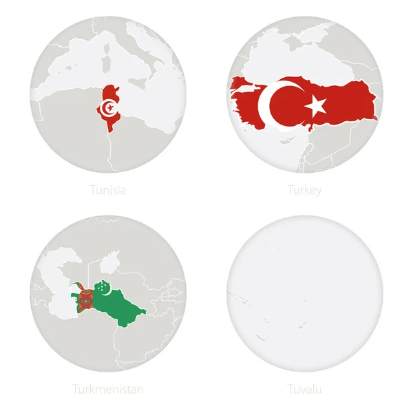 Tunisia, Turki, Turkmenistan, Tuvalu peta kontur dan bendera nasional dalam lingkaran . - Stok Vektor