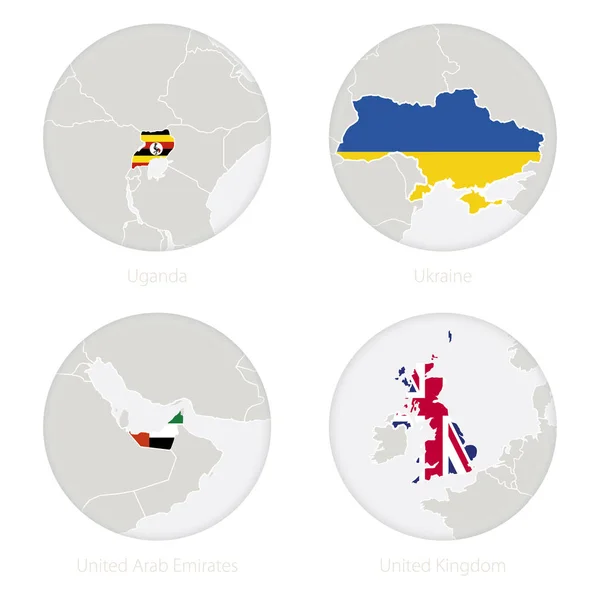 Uganda, Ucrania, Emiratos Árabes Unidos, Reino Unido mapa contorno y bandera nacional en un círculo . — Archivo Imágenes Vectoriales
