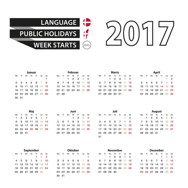 Calendario 2017 en lengua danesa. Con días festivos para Dinamarca en el año 2017 . — Vector de stock