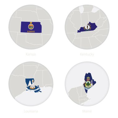 Kansas, Kentucky, Louisiana, Maine bize devletler harita dağılımı ve bir daire içinde ulusal bayrak.