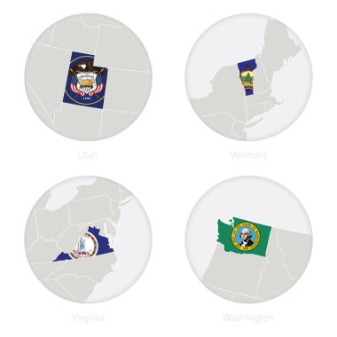 Harita dağılımı ve ulusal bayrak bir daire içinde Utah, Vermont, Virginia, Washington bizi devletler.