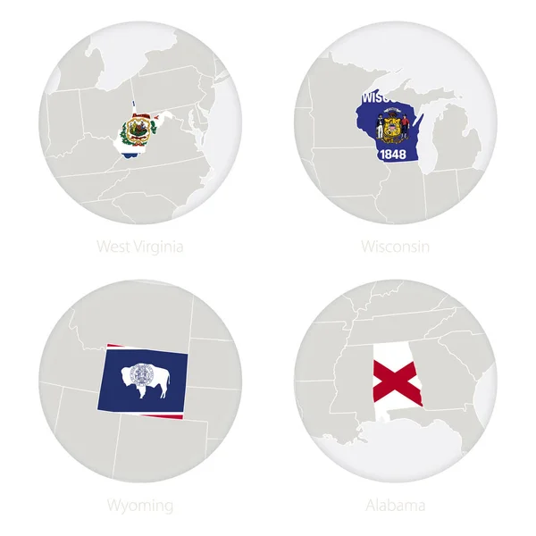 West virginia, wisconsin, wyoming, alabama us states map contour and national flag in a circle. — Stockvektor