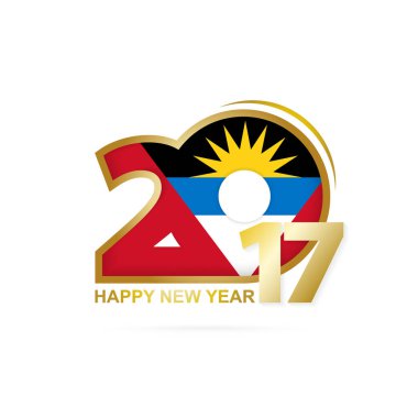Yıl 2017 Antigua ve Barbuda bayrağı desenli. Mutlu yeni yıl tasarım beyaz arka plan üzerinde. 