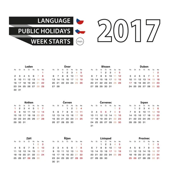 Calendario 2017 en idioma checo. Con días festivos para la República Checa en el año 2017. La semana comienza el lunes . — Vector de stock