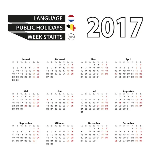 Calendario 2017 en neerlandés. Con días festivos para Bélgica en el año 2017. La semana comienza el lunes . — Vector de stock
