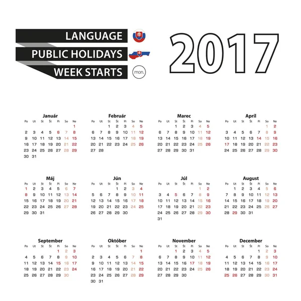 Calendario 2017 en lengua eslovaca. Con días festivos para Eslovaquia en el año 2017. La semana comienza el lunes . — Vector de stock