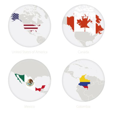 Amerika Birleşik Devletleri, Kanada, Meksika, Kolombiya kontur ve ulusal bayrak bir daire içinde göster.