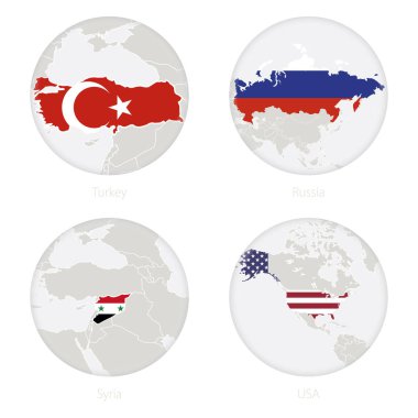 Türkiye, Rusya, Suriye, ABD bir daire içinde kontur ve ulusal bayrak harita. 