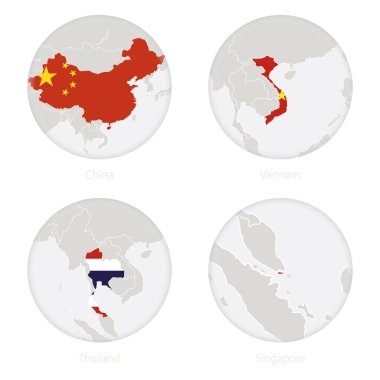 Çin, Vietnam, Tayland, Singapur bir daire içinde kontur ve ulusal bayrak harita.