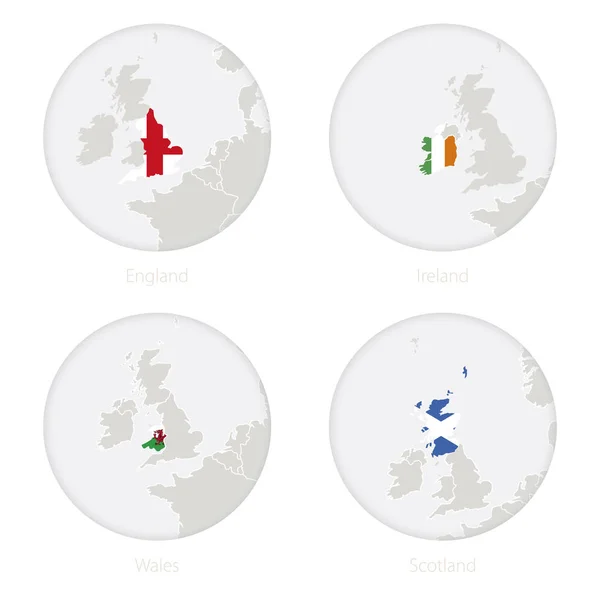 England, Ireland, Wales, Scotland map contour and national flag in a circle. — Stock Vector