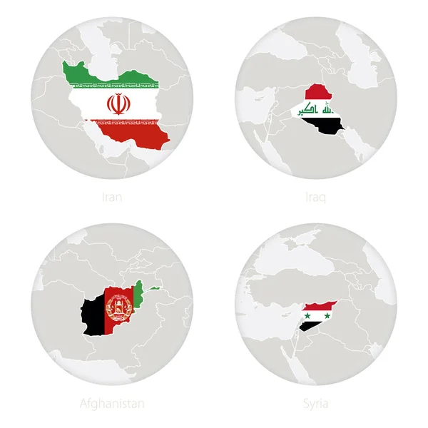 Iran, Irak, Afghanistan, Syrie contour de la carte et drapeau national en cercle . — Image vectorielle