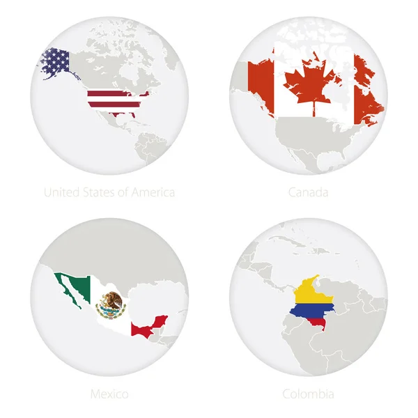 États-Unis d'Amérique, Canada, Mexique, Colombie contour de la carte et drapeau national en cercle . — Image vectorielle