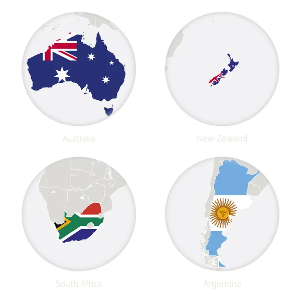 Australia, Nueva Zelanda, Sudáfrica, Argentina mapa contorno y bandera nacional en un círculo . — Archivo Imágenes Vectoriales