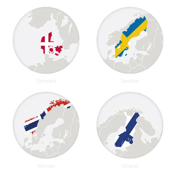 Δανία, Νορβηγία, Σουηδία, Φινλανδία χάρτη περιγράμματος και εθνική σημαία σε κύκλο. — Διανυσματικό Αρχείο