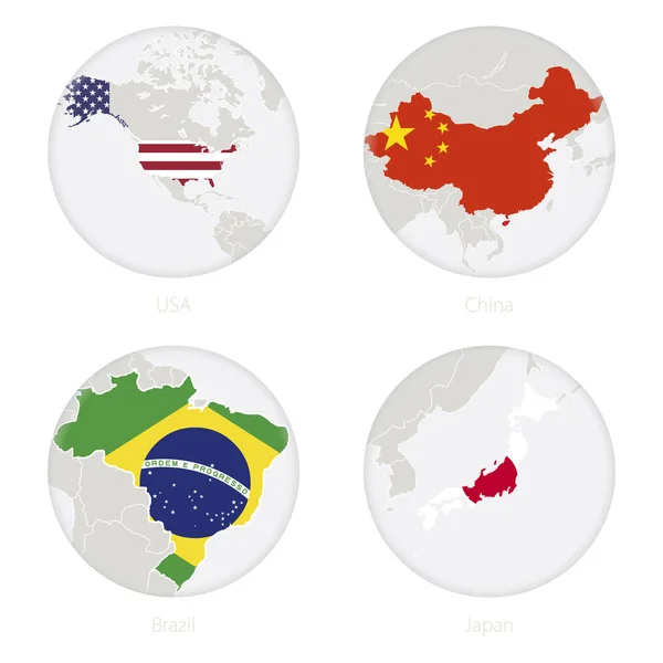 Verenigde Staten, China, Brazilië, Japan kaart contour en nationale vlag in een cirkel. — Stockvector