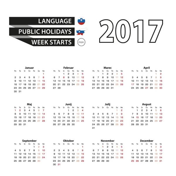 Calendario 2017 en idioma esloveno. Con días festivos para Eslovenia en el año 2017. La semana comienza el lunes . — Vector de stock