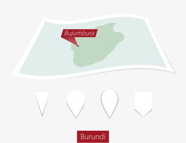 Burundi Haritası kağıt sermaye Bujumbura gri arka plan üzerinde eğri.