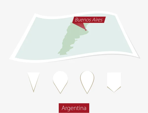 Mapa en papel curvado de Argentina con capital Buenos Aires sobre fondo gris . — Archivo Imágenes Vectoriales