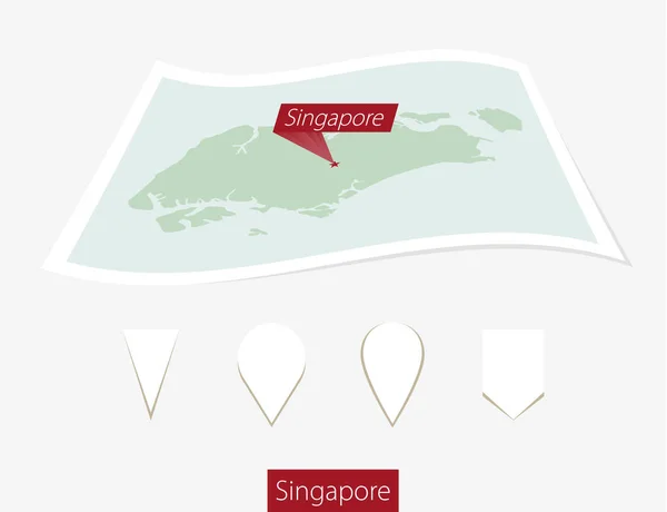 Mapa en papel curvado de Singapur sobre fondo gris . — Vector de stock