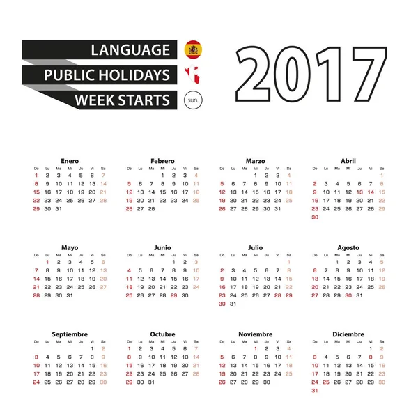 Calendario 2017 en español. Con festivos para Perú en el año 2017. La semana comienza el domingo . — Vector de stock