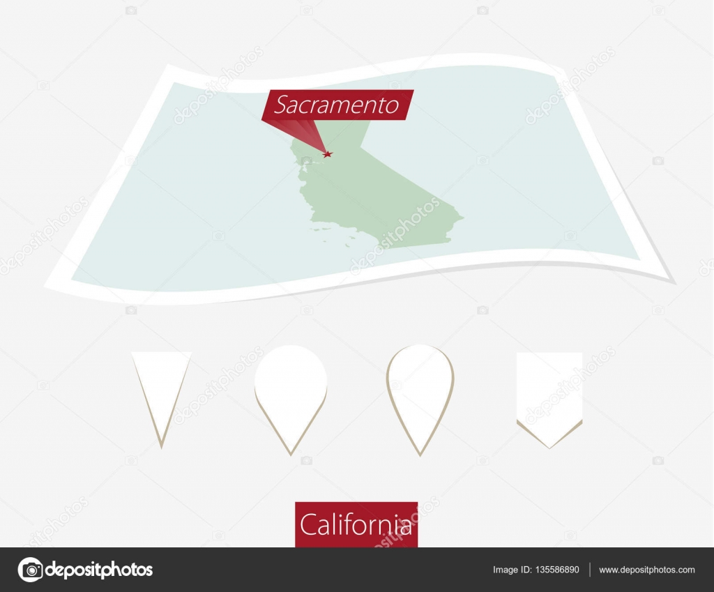 Curved Paper Map Of California State With Capital Sacramento On Gray Background Four Different Pin Set Vector Illustration By Boldg Curved Paper Map Of California State With Capital Sacramento On Gray Background Four Different Pin Set Vector Illustration By Boldg
