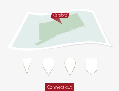 Kağıt harita sermaye Hartford gri arka plan üzerinde Connecticut devletin kavisli. 