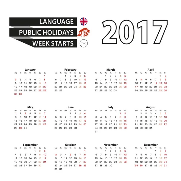 Calendario 2017 en inglés. Con días festivos para Hong Kong en el año 2017. La semana comienza el lunes . — Vector de stock