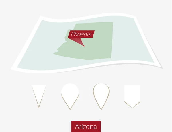 Mapa en papel curvado del estado de Arizona con la capital Phoenix sobre fondo gris . — Archivo Imágenes Vectoriales