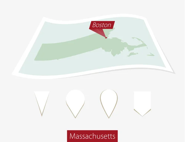 Zakrzywione papierowej mapy stanu Massachusetts, z kapitału Boston na szarym tle. — Wektor stockowy
