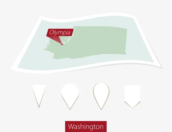 Gebogene Papierkarte des Bundesstaates Washington mit der Hauptstadt Olympias auf grauem Hintergrund. — Stockvektor