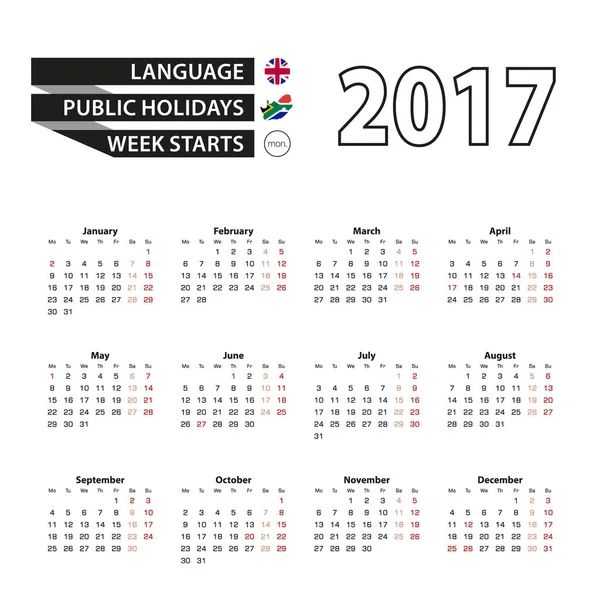 Calendario 2017 en inglés. Con días festivos para Sudáfrica en el año 2017. La semana comienza el lunes . — Vector de stock