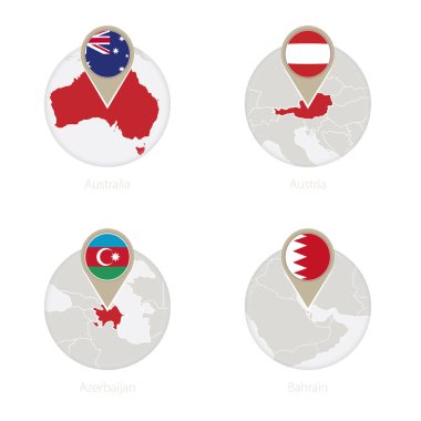 Avustralya, Avusturya, Azerbaycan, Bahreyn harita ve bayrak daire. 