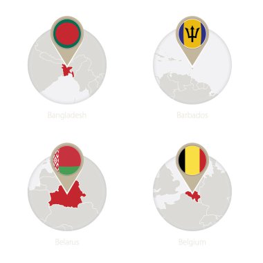 Bangladeş, Barbados, Belarus, Belçika harita ve bayrak daire. 