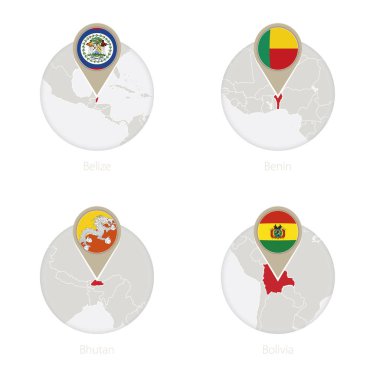 Belize, Benin, Bhutan, Bolivya harita ve bayrak daire. 
