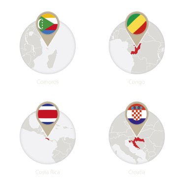 Komor Adaları, Kongo, Kosta Rika, Hırvatistan harita ve bayrak daire. 
