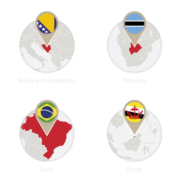 Bosnie-Herzégovine, Botswana, Brésil, Brunei carte et drapeau en cercle . — Image vectorielle