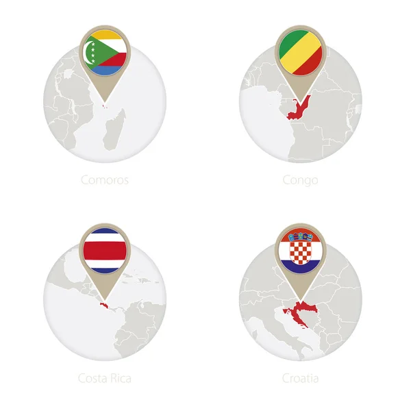 Comores, Congo, Costa Rica, Croácia mapa e bandeira em círculo . — Vetor de Stock