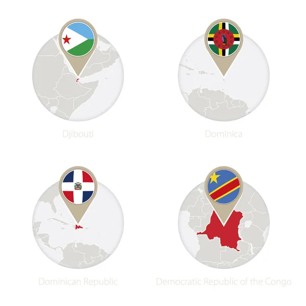 Djibouti, Dominique, République dominicaine, République démocratique du Congo carte et drapeau en cercle — Image vectorielle